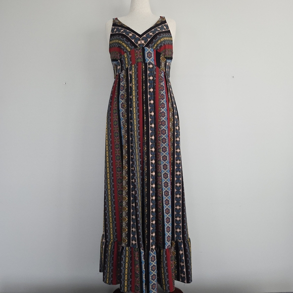 Tahari Black Boho Maxi Dress with Geometric Stripes Size Large - Picture 3 of 6